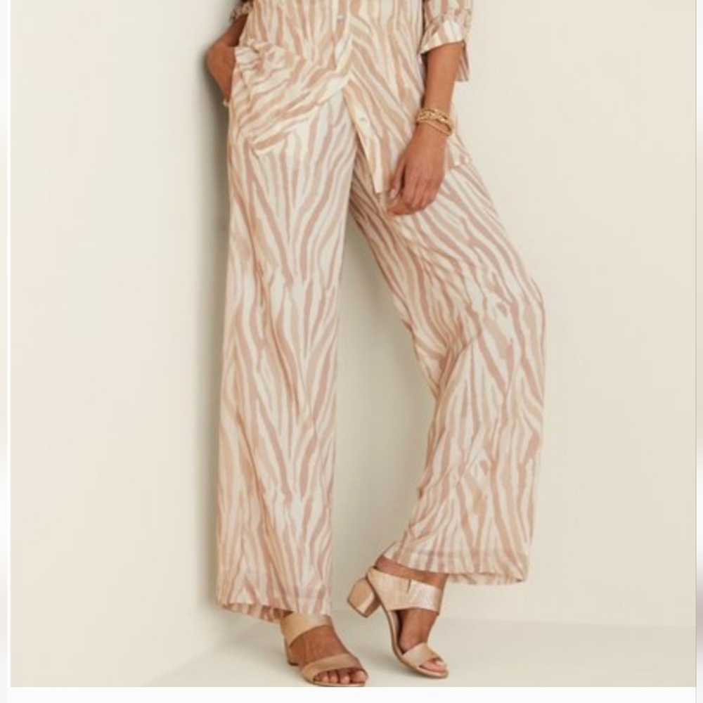 Soft Surroundings Pull On Pants Zebra Print Wide Leg Flowy Chiffon Summer 🆕️